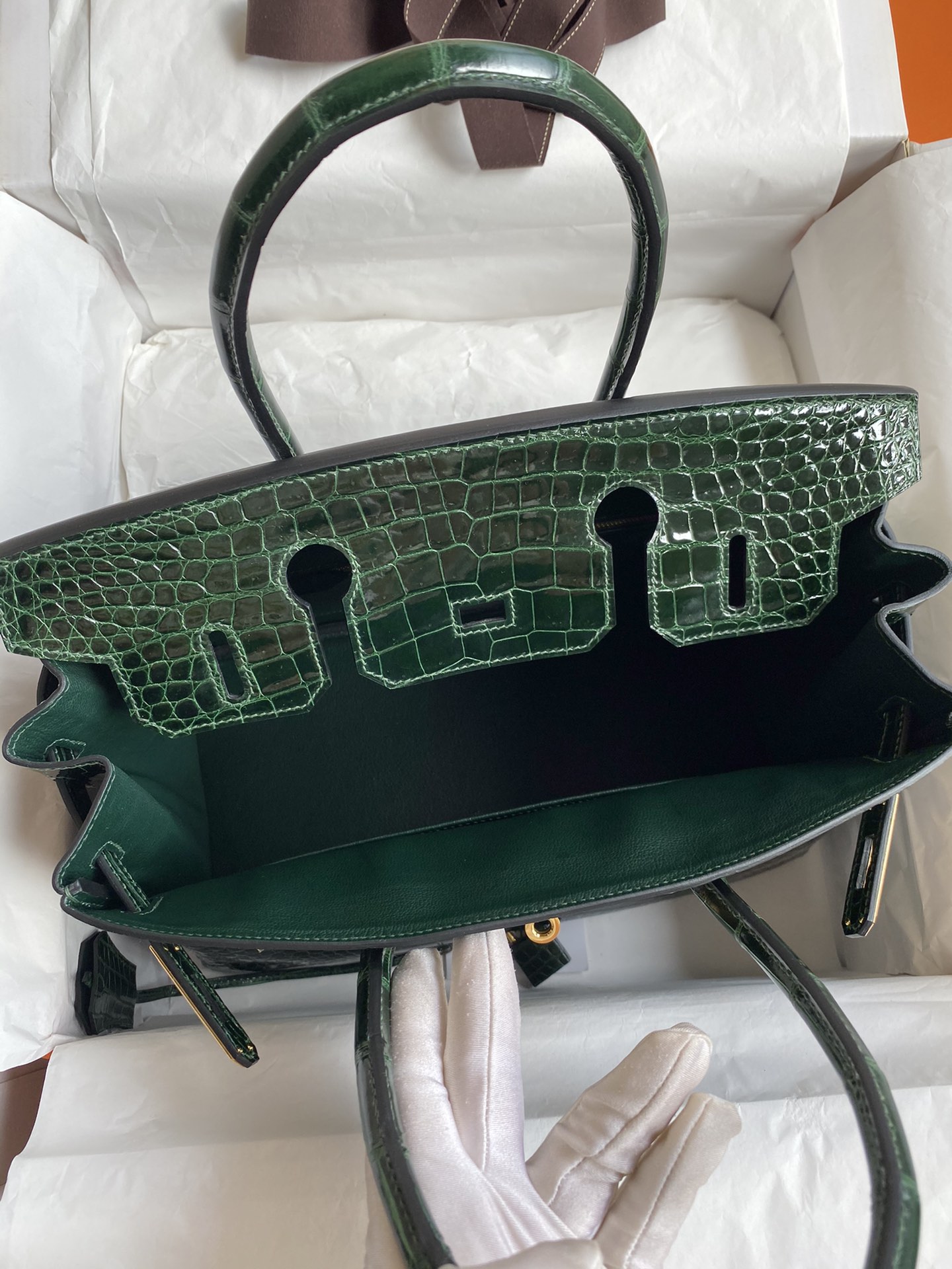 Hermes Birkin 30CM Handmade Bag In Green Crocodile Porosus Shiny Skin